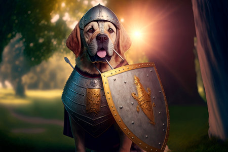 Dog character concept with shield in ancient ages Generative AIの素材