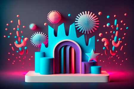 Paper slice podium and neon fireworks. Concept scene stage showcase for new product Generative AIの素材