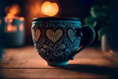 Cup of latte coffee with heart on blurred bokeh background Generative AIの素材