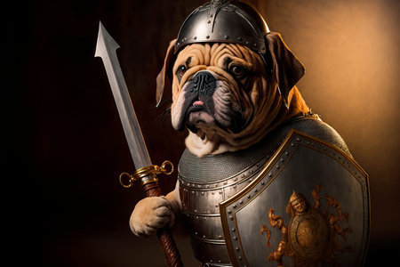 Dog character concept with shield in ancient ages Generative AIの素材