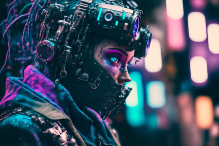 Cyberpunk style robot use VR virtual reality, Metaverse Technology concept. Generative AIの素材