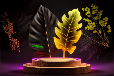 Neon wood slice podium and green leaves. Concept scene stage showcase for new product Generative AIの素材