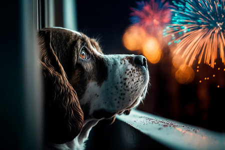 Dog look out the window and watch the fireworksshot Generative AIの素材