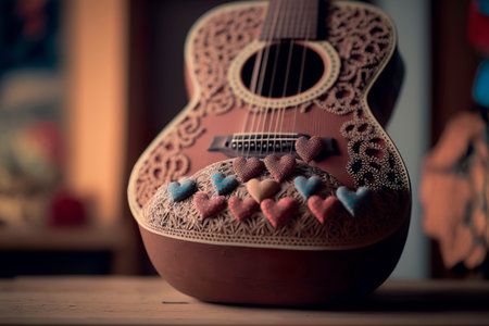 Valentines Day background with hearts and guitar. Generative AIの素材