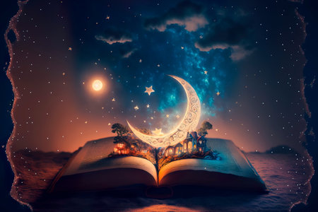 Fairy tale book against the background of the night sky with the moon Generative AIの素材