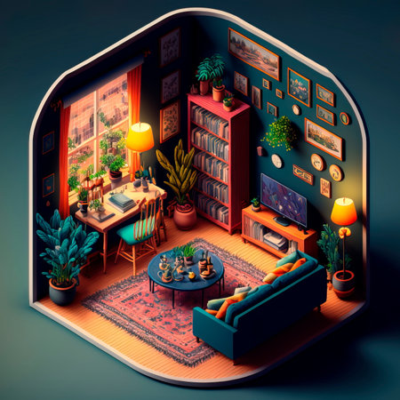 Isometric view of cozy living room Generative AIの素材