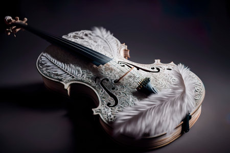 White violin with in white feathers on a glittery dark background Generative AIの素材