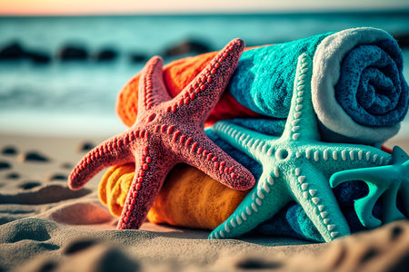 Summer holiday concept, beach towels with starfish against the ocean. Generative AIの素材
