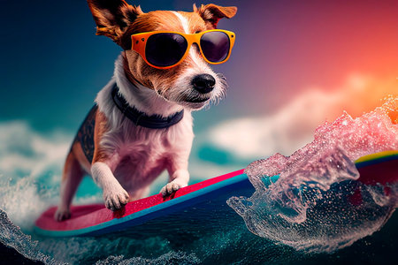 Funny surfer dog has fun riding Generative AIの素材