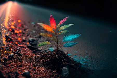 Plant emerging through asphalt against all odds.Generative A