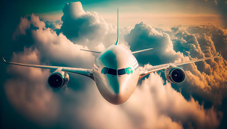 Passenger plane flies in the sky travel by air.Generative AIの素材