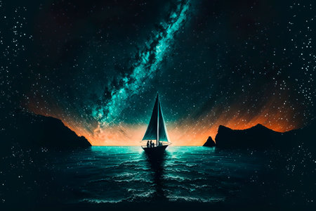 A sailboat with people floats on the sea at night against the backdrop of the night starry sky.の素材