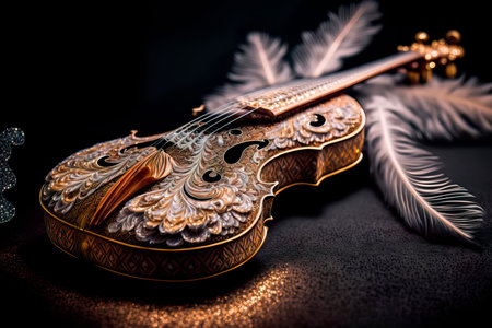 Golden violin with in white feathers on a glittery dark background Generative AIの素材