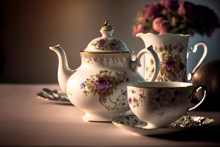 Hot Teapot And Teacups Vintage Tea Set Generative AIの素材
