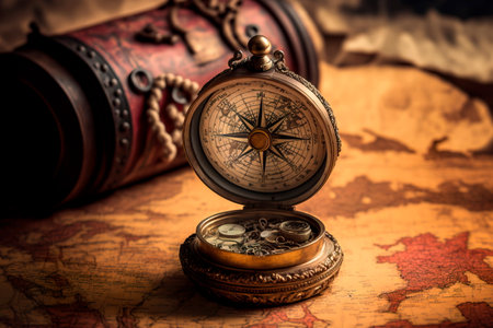 Vintage Old compass on world map. Generative AIの素材