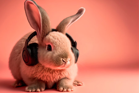 Cute rabbit in headphones on a pink background. Generative AIの素材