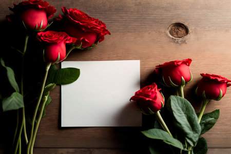 Beautiful rose paper card with gift card on wooden background . Generative AIの素材