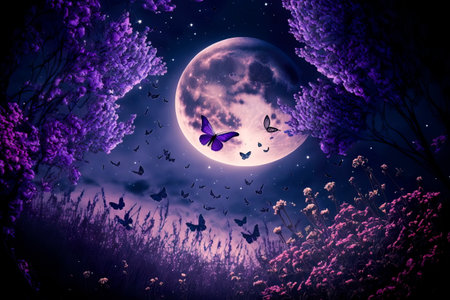 Magic fantasy forest with fantastic butterflies Generative AIの素材