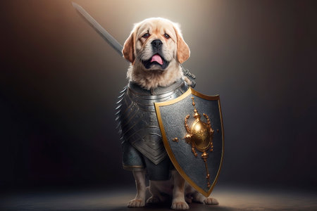 Dog character concept with shield in ancient ages Generative AIの素材