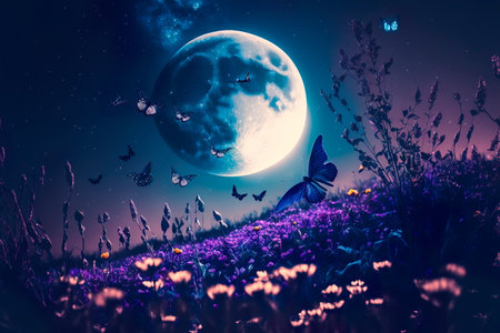 Magic fantasy forest with fantastic butterflies Generative AIの素材