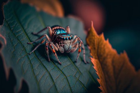 Close-up of a cute little spider on a leaf on a natural background Generative AIの素材