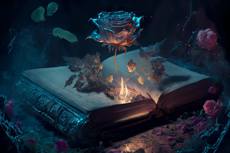 Fantastic magic book with magic rose Generative AIの素材