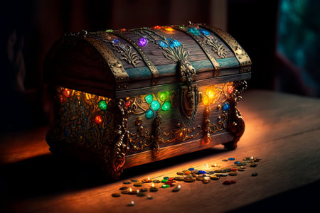 Wooden chest full of treasures wooden old table and dark background Generative AIの素材