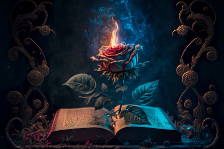 Fantastic magic book with magic rose Generative AIの素材