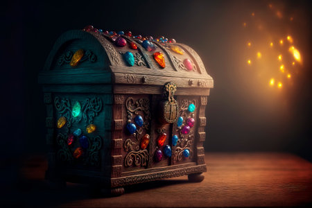 Wooden chest full of treasures wooden old table and dark background Generative AIの素材