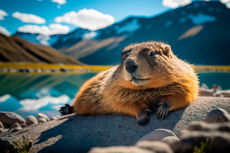Cute fluffy chubby groundhog sunbathing Generative AIの素材