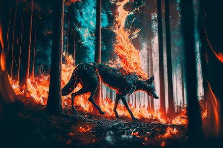 Animals run away from forest fire. Natural disasters Generative AIの素材