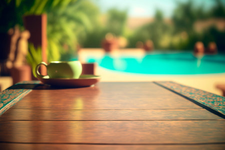 Empty wooden table in the summer backyard.の素材