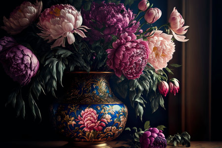 Large beautiful bouquet of peony flowers vase on the table Generative AIの素材