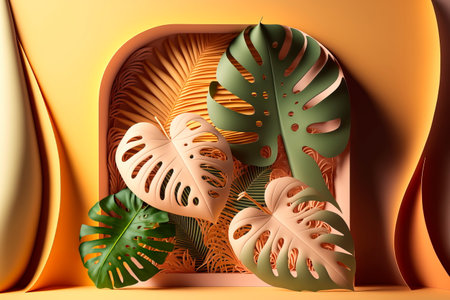 Tropical paper leaves green monstera palm leaf, jungle background, foliage, Generative AIの素材