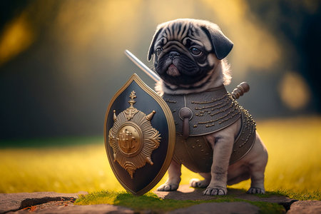 Cute pug knight character concept with sword and shield in ancient ages Generative AIの素材