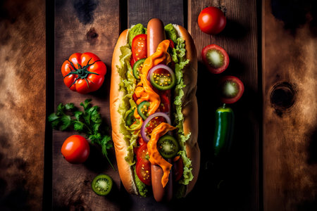 Hot dog with pickles, fried onions, sauce on a wooden background. Generative AIの素材