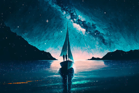 A sailboat with people floats on the sea at night against the backdrop of the night starry sky.の素材
