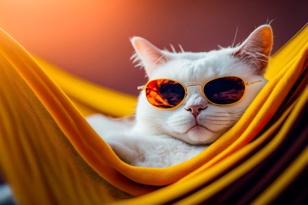 Cat relaxing in a hammock in sunglasses Generative AIの素材
