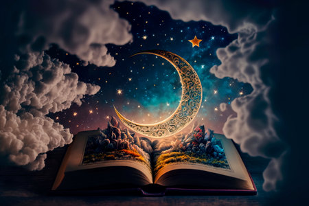 Fairy tale book against the background of the night sky with the moon Generative AIの素材