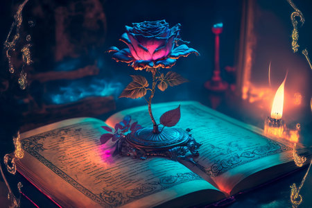 Fantastic magic book with magic rose Generative AIの素材
