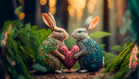 Two rabbits in love holding a wooden heart in nature Generative AIIの素材