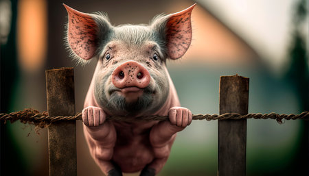 Cute funny pig hanging on the fence in the village Generative AIの素材