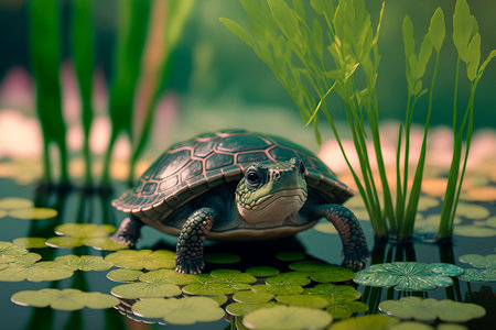 Funny turtle smiling at the lake positive Generative AIの素材