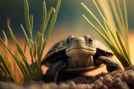 Funny turtle smiling at the lake positive Generative AIの素材
