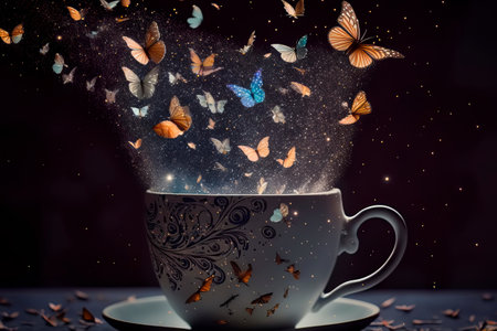 Cup of coffee with colorful butterflies Generative AIの素材