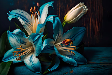 Beautiful lilies on wooden background Generative AIの素材