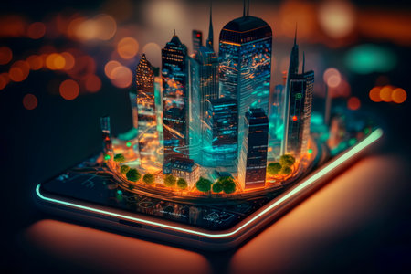Smart city on digital smartphone. Generative AIの素材