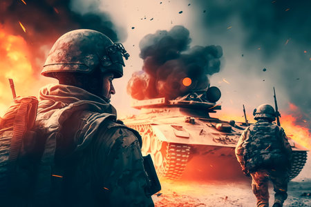 Special forces soldier in action heavy explosions, shooting. Generative AIの素材