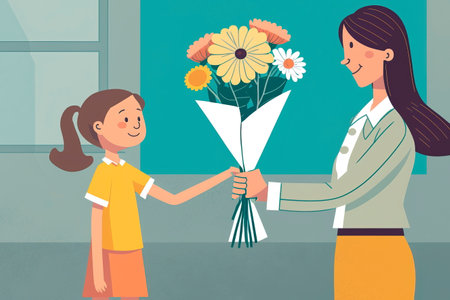 The concept of the holiday Teacher's Day. The student gave the teacher a bouquet of flowers Generative AIの素材