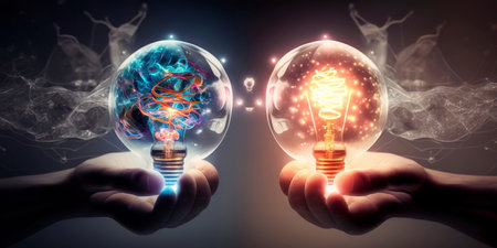 Creativity with glowing light bulbs.Hand hold Generative AIの素材